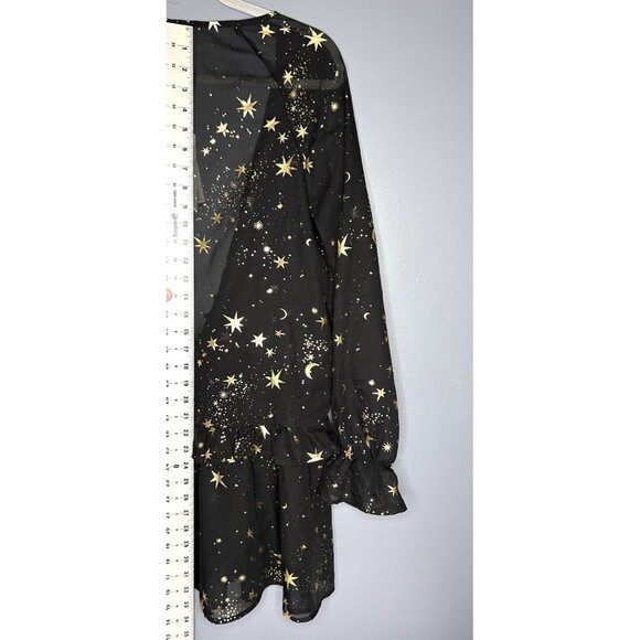 Haoduoyi Mini Dress Womens XL Gold Star Moon Sheer Chiffon Long Sleeve Tunic Top - Picture 10 of 13